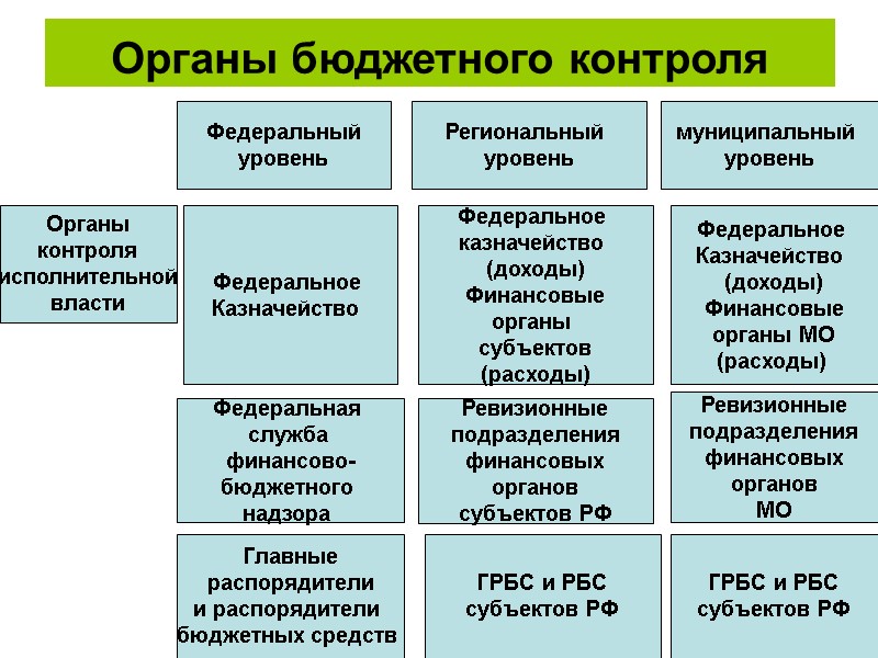 Органы бюджетного контроля  Федеральный уровень Региональный  уровень муниципальный  уровень Органы контроля